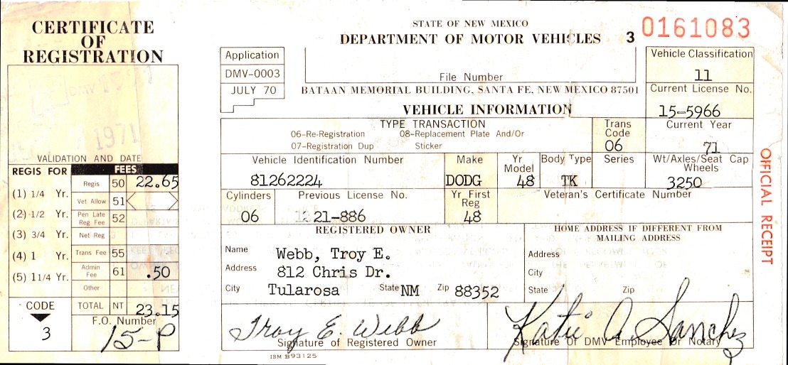 New Mexico Truck License Plates including Registration Certificates ...
